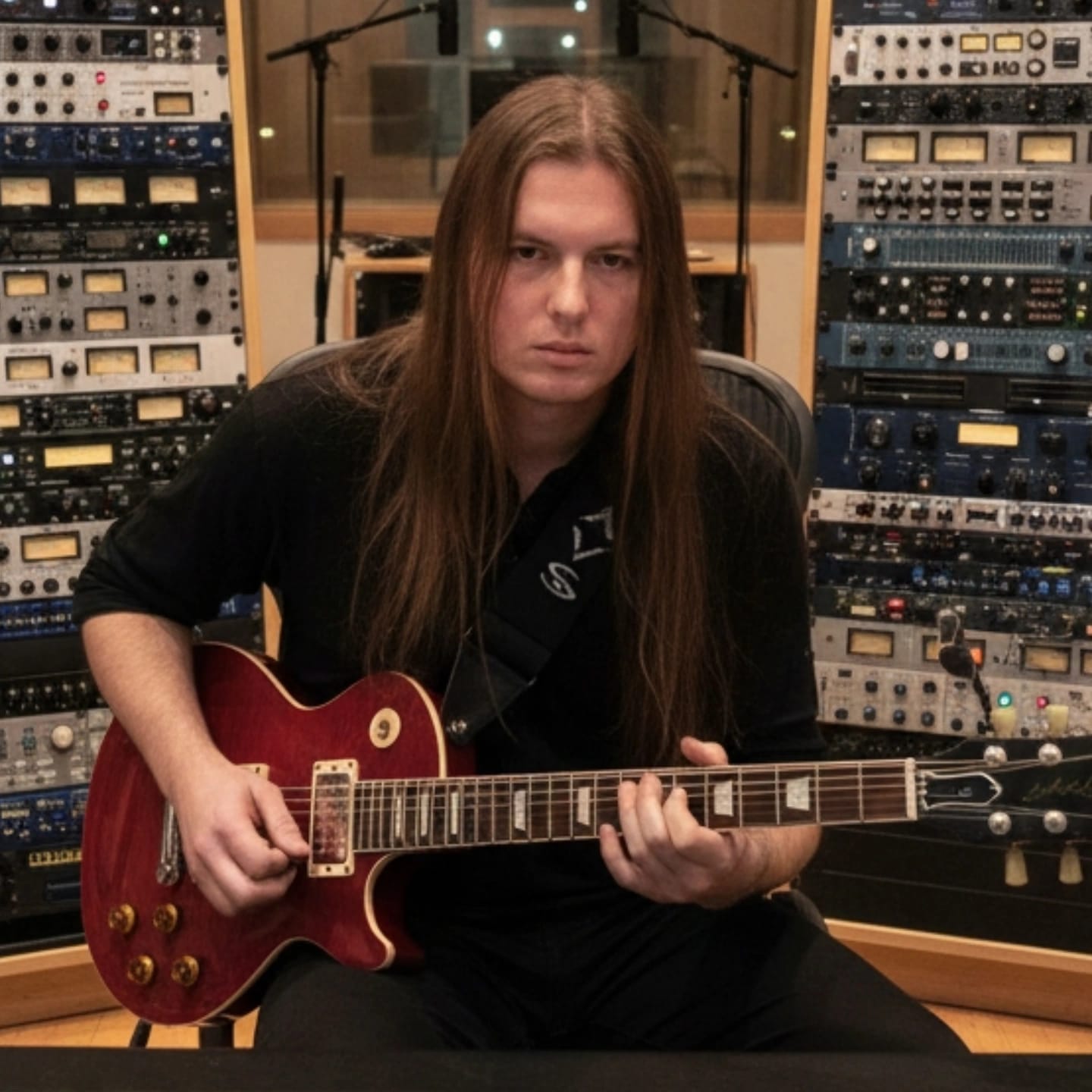 Rafael Nery com sua guitarra em frente a um amplificador valvulado
